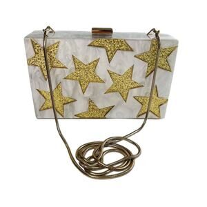Women Acrylic Punk Gold Star Evening Bag Purse Clutch White Crossbody Strap